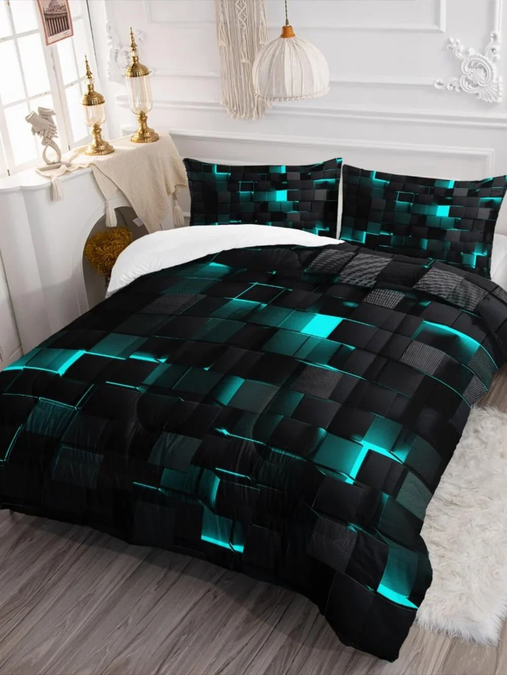 Geometric Turquoise Black King Size Comforter Set 1 Comforter 2 Pillowcases